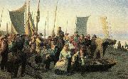 Michael Ancher en laegpraedikant holder gudstjeneste pa skagen sonderstrand oil